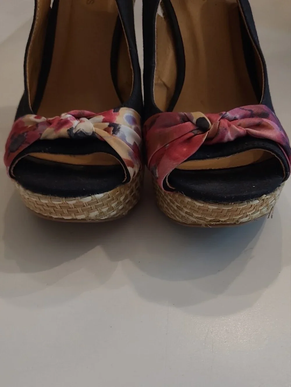 Maurices Wedge Sandals Pink Floral Knot Slingback Espadrille Peep Toe Weave Heel